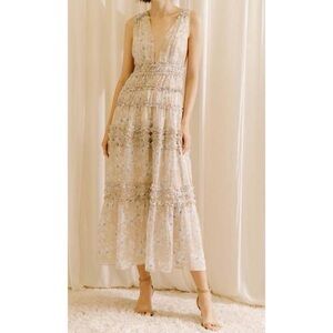 Floral Sleeveless Maxi Dress - Beige and Blue